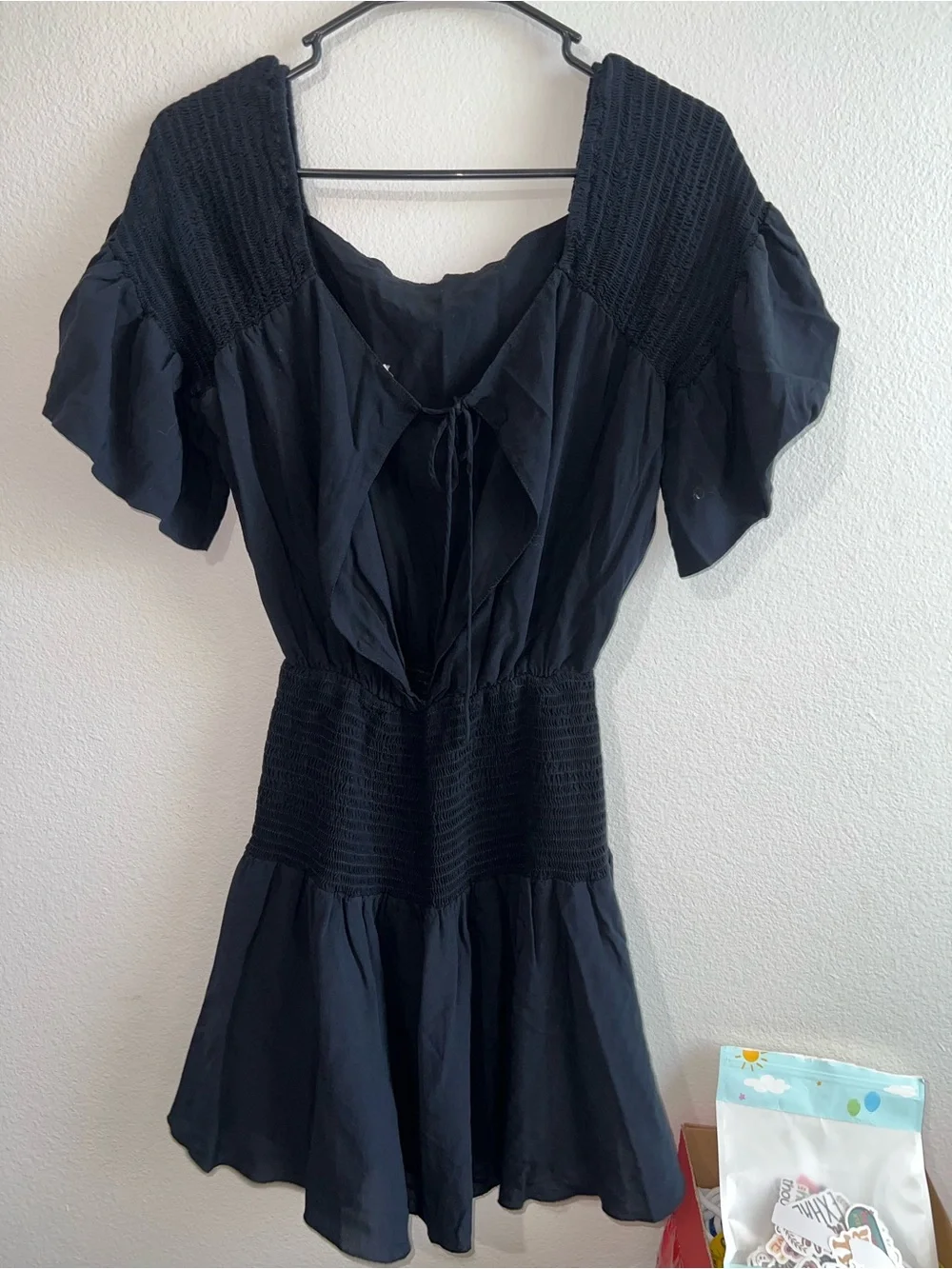 Free People Navy Blue Smocked-Waist Puff Sleeve Mini Dress